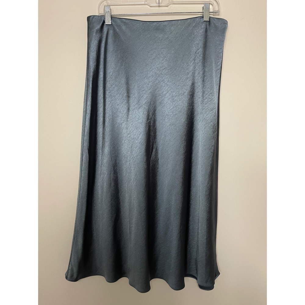 Lilla P Steel Blue Satin Slip Midi Skirt Elastic Waist L Chic Party Cocktail